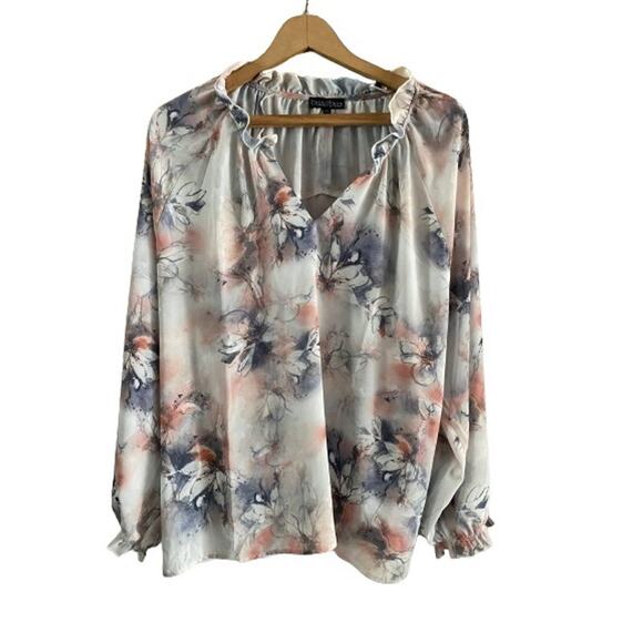 Bua Bua Floral Print V Neck Ruffle Long Sleeve Sheer Blouse Top Plus Size XXL - Picture 1 of 8